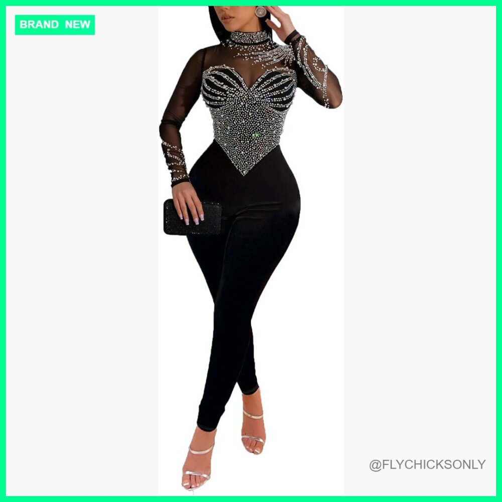 Rhinestone Beaded Sheer Mesh Jumpsuit Long Sleeve Bodycon Party Outfit